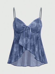 Women Asymmetrical Hem Rose Patterned Cami Top For Summer Blue Casual   Mesh Fabric Floral,Plants,All Over Print Cami Medium Stretch  Women Clothing, size features are:Bust: ,Length: ,Sleeve Length: Blue Top Aesthetic, Blue Outfits Aesthetic, Blue Clothes Aesthetic, Outfits Azul, Shein Clothes, Women Tank Tops, Fabric Floral, Inspired Outfits