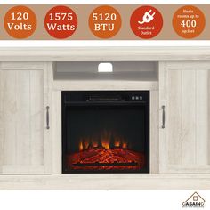 a white entertainment center with an electric fireplace in the front and two orange circles around it