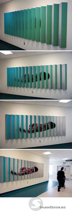 three pictures of people laying on the floor in front of blue and white striped walls