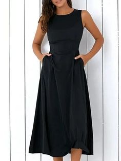 black a line women sleeveless pockets solid summer dress p117137 Gaun Fashion, Summer Black Dress, Mode Casual, Pleated Bodice, Round Neck Dresses, Crewneck Dress, Maxi Dress Evening, Midi Dress Sleeveless, Pocket Dress