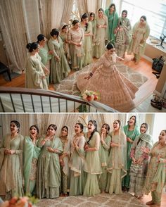 Punjabi Wedding Suit Bridesmaid, Same Colour Dress For Family Indian, Wedding Colour Schemes Indian, Desi Bridal Party, Asian Wedding Bridesmaid Dresses, Sage Green Indian Bridesmaid Dresses, Punjabi Wedding Family Outfits, Indian Bridal Party Photos, Mendhi Outfit For Bridesmaid