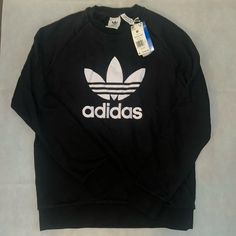 Adidas Trefoil Crew Neck Sweatshirt Terry Cloth Lined New With Tags Size Medium. Lay Flat Measurements Pit To Pit 23 1/2, Sleeve Length From Neck To Bottom Of Sleeve 32 1/2, And Shirt Length 28 1/2 Inches. Adidas Sweater, Adidas Trefoil, Sweaters Crewneck, Terry Cloth, Black Adidas, Adidas Men, Lay Flat, Crew Neck Sweatshirt, Men Sweater