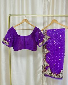 *Two Piece Saree Blouse Set  *The blouse is front open [plain in the front since the saree will cover the front neck]  *Heavy work net saree  *Readymade Blouse: Bust 38, 40 inches   *Please message us for size customization options! *Our store is located in Los Angeles and in-store pick up is welcome! *Color may vary slightly from picture Fitted Bollywood Style Pre-draped Saree For Festive Occasions, Fitted Pre-draped Saree With Resham Embroidery For Festivals, Purple Art Silk Blouse Piece For Reception, Fitted Georgette Blouse Piece For Festivals, Semi-stitched Blouse With Dupatta For Festive Occasions, Festive Blouse With Sheer Dupatta For Eid, Festive Semi-stitched Blouse With Dupatta, Fitted Pre-draped Saree With Cutdana For Festivals, Bollywood Style Fitted Pre-draped Saree With Mirror Work