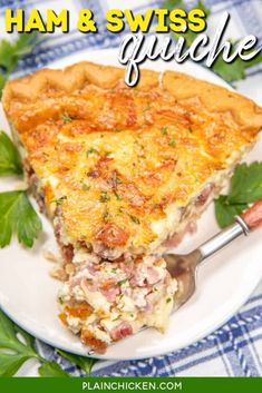 ham and swiss quiche on a white plate with parsley around the edges, text overlay