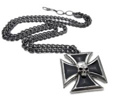 Show off your unique style with this gothic black knight's cross pendant with skull. the intricate detailing of this pendant is sure to make a statement and add a touch of gothic charm to any outfit. Black Edgy Skull Necklace, Black Skull Necklace In Edgy Style, Black Cross Pendant Jewelry For Halloween, Gothic Jewelry For Biker Events And Halloween, Black Gothic Jewelry With Skull Print, Black Gothic Jewelry For Biker Events, Gothic Skull Jewelry For Biker Events, Black Metal Fashion, Raven Pendant