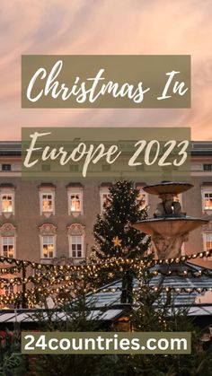 christmas tree in front of a building with lights on it and the words christmas in europe