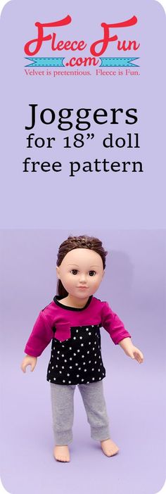 Knit Joggers Pants for 18" Doll Free Pattern tutorial.  Great sewing project for an American Girl Doll  or any other 18" doll. This free easy pattern will be the perfect handmade gift for the child in your life. Create an entire wardrobe for  birthdays and Christmas presents. American Girl Doll Crafts, Handmade Gift Ideas, Free Sewing Pattern, American Doll Clothes