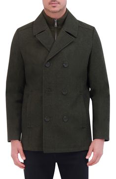 Add this classic wool peacoat to your wardrobe for an elevated style. Notched collar Long sleeves Button front Dual pockets 58% wool, 35% polyester, 4% acrylic, 3% other fibers Dry clean Imported Model stats: 6'1" height, 32" waist. Model is wearing size M. Solid Pea Coat With Button Closure For Fall, Double-breasted Peacoat With Double Button Closure, Winter Double-breasted Pea Coat With Hidden Buttons, Winter Solid Pea Coat With Double Button Closure, Solid Winter Pea Coat With Double Button Closure, Classic Double-breasted Pea Coat For Fall, Classic Double-breasted Fall Pea Coat, Classic Fall Pea Coat With Double-breasted Button, Solid Wool Double-breasted Outerwear