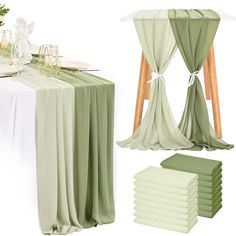 the table is set with green linens and place settings