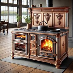 an old fashioned stove is in the middle of a room with wood floors and windows