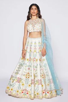 Shop for Chamee and Palak Ivory Bella Dona Embroidered Lehenga Set for Women Online at Aza Fashions White Floral Embroidered Dress For Navratri, White Floral Embroidered Lehenga For Navratri, White Bollywood Gown With Floral Embroidery, Bollywood Style White Gown With Floral Embroidery, Bohemian Wedding Choli With Floral Embroidery, Bohemian Style Embroidered Wedding Sets, Bohemian Wedding Sets With Multicolor Embroidery, White Floor-length Choli With Floral Embroidery, White Floor-length Sets With Floral Embroidery