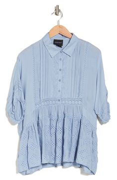 Panels of eyelet and embroidered detailing decorate this pleated blouse, finished with a front-button placket. 27'' length (size Small) Point collar Short puff sleeves 100% rayon Hand wash, line dry Imported Model stats: 5'10", 32" bust, 25" waist, 36" hip. Model is wearing size Small. Spring Pleated Short Sleeve Blouse, Short Sleeve Pleated Blouse For Spring, Pleated Short Sleeve Blouse For Spring, Casual Collared Tops With Broderie Anglaise, Casual Summer Blouse With Pintucks, Casual Pintuck Blouse For Summer, Casual Pintucks Blouse For Summer, Casual Pleated Tops For Daywear, Daywear Eyelet Button-up Top