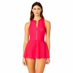 Feel stylish and feminine in our High Neck Zip Front Swim Dress. This solid color swim dress is designed with a chic high neck cut and a convenient front zipper at its center. The swimsuit removable cups also provide customizable support while copper-infused fabric offers anti-bacterial and anti-odor benefits for lasting freshness on your beach day. With a UPF 50+ rating, this swim dress will also provide sun protection. Enjoy an active beach day in style and comfort with this swim dress. Fitted Pink Swim Dress For Poolside, Fitted Swimwear With Zipper Closure For Poolside, Sleeveless Stretch Swimwear With Zipper Closure, Pink Fitted One-piece Swim Dress, Fitted Pink One-piece Swim Dress, Fitted Solid Swim Dress For Poolside, Stretch Swimwear With Zipper Closure For Summer, Stretch Beachwear Swimwear With Zipper Closure, Fitted Beachwear Swimwear With Zipper Closure