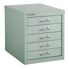 a light green file cabinet with five drawers on each drawer and the word bisley written in silver