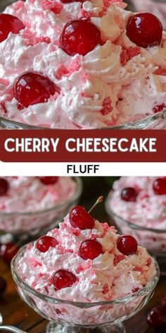 cherry cheesecake fluff in a glass bowl with cherries on top and the text overlay reads cherry cheesecake fluff