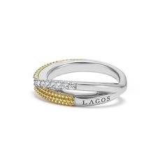 Diamonds and 18k gold Caviar beading on a sterling silver band form this X-ring. LAGOS diamonds are the highest quality natural stones. Yellow Gold Pave Setting Diamond Ring In Sterling Silver, Elegant Multi-stone Stackable Rings, Elegant Silver Multi-stone Stackable Rings, Elegant Stackable Diamond Rings With Accent Stones, Elegant Diamond Stackable Rings With Accent Stones, Elegant White Gold Multi-stone Stackable Rings, Elegant White Gold Stackable Rings With Multi-stone, Timeless Multi-stone Diamond Jewelry, Elegant Diamond Multi-stone Stackable Rings