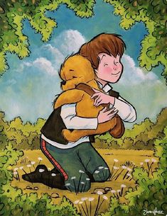 a painting of a boy holding a teddy bear in his arms while sitting on the ground