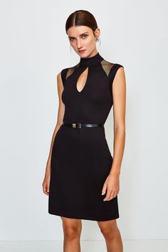 Make For An Alluring Entrance With This Dress. Featuring A High Choker Collar, Plunging Keyhole Front, Mesh-Insert Detail And Belted Waist, It'Ll Be The Plus One At All Your Upcoming Events. Dresses Business, Belted Shift Dress, Karen Millen Dress, Ladies Clothes Fashion, Ladies Clothes, Fashion Face Mask, Office Dresses, Shift Dress Black, Choker Collar