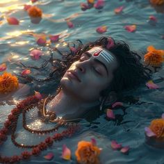 a woman is floating in the water with flowers all around her head and eyes closed