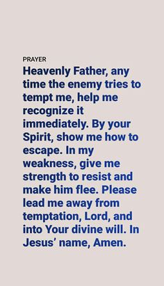 a poem written in blue ink with the words prayer, heaven father, any time the enemy tries to tempt me, help me recognize it immediately