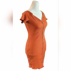 Beautiful Ribbed, Textured, Bodycon Dress With Button Accent Front. Wide V-Neck Can Be Worn Off The Shoulders. Cap Sleeve. Rust Orange, Color Perfect For Fall Layering! Trendy V-neck Mini Dress With Buttons, Fitted Bodycon Dress With Buttons, Fitted Knee-length Bodycon Dress With Buttons, Fitted Summer Bodycon Dress With Buttons, Fitted V-neck Bodycon Dress With Button Closure, V-neck Mini Dress With Buttons For Day Out, Fitted V-neck Dress With Buttons, Trendy Fitted Midi Dress With Button Closure, Casual Fitted Bodycon Dress With Button Closure