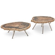 two tables made out of wood with metal legs and one table is shaped like a tree stump