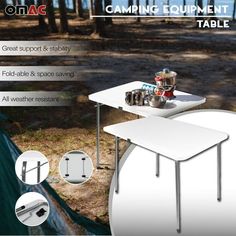 the camping table is set up in the woods