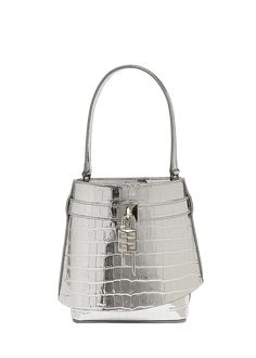 "Find GIVENCHY Shark Lock Bucket Bag In Metallic Croc-embossed Leather on Editorialist. Givenchy \"Shark\" bucket bag in metallic croc-embossed leather Top handle Detachable crossbody strap Can be worn as a top handle or crossbody bag Open top Exterior, signature padlock hardware Interior, one slip pocket Approx. 7.5\"H x 5.7\"W x 7.9\"D Made in Italy" Givenchy Shark, Holy Chic, Open Top, Coco Chanel, Crossbody Strap, Leather Top, Embossed Leather, Top Handle, Givenchy