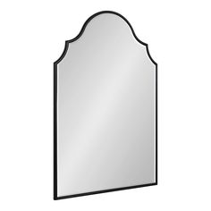 a black framed mirror with an arched design on the front and bottom edge, against a white background