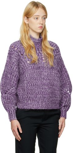 Rib knit super kid mohair-blend sweater. · Turtleneck · Laddering throughout Supplier color: Ultra violet Knitwear Inspiration, Sweater Turtleneck, Purple Sweater, Knitwear Women, Ultra Violet, Isabel Marant, Apparel Accessories, Rib Knit, Knitwear