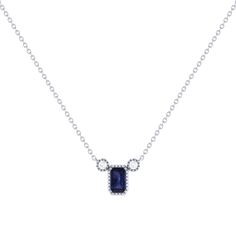 Our Emerald Cut Sapphire & Diamond Birthstone Necklace gives your style a refreshing edge. Crafted in 14K Gold  for the refined modern woman. Birthstone Necklace for Women Metal: 14K Gold (White / Yellow) Gem Type: Emerald Cut Sapphire Gemstone (0.39 CTTW) Diamonds: Natural Round Shape (0.04 CTTW) Diamond Color/Clarity: GH/SI1 Setting: Bezel with Milgrain Chain: 18 inch with jump rings at 16 & 17 inches. Elegant Sapphire Jewelry With Bezel Setting, Elegant Polished Birthstone Necklace, Fine Jewelry Sapphire Necklace With Polished Finish, Sapphire Necklace With Polished Finish, Elegant Sterling Silver Necklace With Stones, Modern Sapphire Necklace For Formal Occasions, Elegant Sterling Silver Necklaces With Stones, Timeless Sterling Silver Diamond Necklace With Gemstone, Elegant Sapphire Pendant Birthstone Necklace