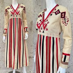 Vintage 1960’s Mexican Folk Dress With Artist Signature, Embroidered, Appliqud. Stunning And Unusual Vintage 60’s Maxi Dress Made In Mexico And Signed “Gonzalo Bauer.” Embroidered Bodice With Small Tassel Details. Appliqud Ribbon Stripes Make This A Real Piece Of Eye Candy. Heavy Cotton. Light Yellow Spots Throughout. See Photos . Otherwise Excellent Condition. Shoulders 14.5”, Sleeves 24”, Bust 34”, Waist 28”, Length 51” 60s Maxi Dress, Gown With Jacket, Lulus Maxi Dress, Evening Wear Dresses, Folk Dress, Bright Dress, Artist Signature, Paisley Maxi Dress, Beautiful Maxi Dresses