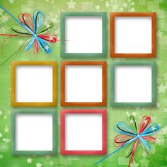 four square frames with bows and stars on a green background