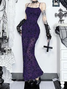 Embrace your inner goth with our Purple Tulip Elegant Dress! The vintage pattern and A-line design perfectly accentuate your bodyline. Made with a polyester-spandex blend, the dress is slightly stretchy and features a slightly see-through pendulum. Be bold and elegant in this unique dress. Elegant purple, Slightly see- Gothic Underbust Dress For Night Out, Fitted Witchy Corset Dress For Alternative Fashion, Gothic Stretch Dresses For Party, Gothic Fitted Dress For Costume Party, Halloween Party Dress With Underbust Shape, Fitted Dress For Halloween In Alternative Fashion Style, Fitted Halloween Dress For Alternative Fashion, Elegant Fitted Dresses For Halloween, Halloween Party Underbust Dress