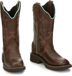 Its leather upper is accented by a delicate stitch pattern and features a scalloped collar for a feminine touch. The distressed golden brown foot gives this boot a vintage feel and sports a square toe. The J-Flex Flexible Comfort System� insole with remov Justin Cowgirl Boots, Mens Hunting Boots, Tony Lama Boots, Womens Cowgirl Boots, Rugged Boots, Womens Work Boots, Cowgirl Boot, Golden Tan, Steel Toe Boots