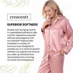 Indulge in ultimate comfort with the luxurious PearlSilk™ Pajama Set. Made from high-quality vegan silk satin, this 2-piece ensemble is cool, breathable, and exquisitely soft and silky to the touch. Enjoy a blissful sleep that is free of discomfort, with less sweating and hot flashes. Perfect for restful slumber, the PearlSilk™ pajama set is the ultimate in attainable luxury & comfort. Tired of pajamas that don’t look flattering nor feel great? Too many times we find ourselves wearing clothes at Silk Pjs, Satin Pjs, Satin Nightwear, Silky Pajamas, Luxury Pajamas, Silk Pajamas Women, Satin Pajama Set, Silk Eye Mask, Silk Pajama