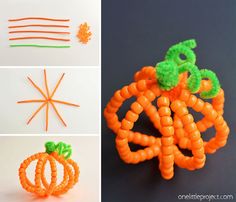 four different types of orange and green plastic beads with carrots attached to each bead