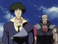 two anime characters standing next to each other in front of the blue sky with clouds