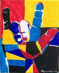 an abstract painting with blue, yellow and red colors