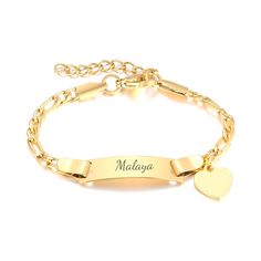 PRICES MAY VARY. Made of hypoallergenic 316L stainless steel with 18K gold plating that is lead & nickel free, safe for kids' sensitive skin Fully adjustable lobster clasp closure fits wrist sizes 5.5 - 7.5 inches; For ages 3 years and up Personalized with any name or word engraved on ID plate bar; Also available with birthdate Comes in elegant gift box ready for giving to daughter, niece, granddaughter Figaro chain design is beautiful & durable; Polished finish prevents tarnishing Customized Gold Heart Bracelet Gift, Gold Heart Charm Bracelet For Birthday, Customizable Gold Heart Bracelet For Personalized Gift, Personalized Gold Heart Bracelet Customizable, Adjustable Nameplate Gold Bracelet For Birthday, Adjustable Gold Nameplate Bracelet For Birthday, Customizable Gold Heart Bracelet, Customized Gold Charm Bracelet For Birthday, Customizable Gold Charm Bracelet For Birthday