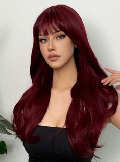 Net Weight :250 g Length :60 cm Crown :55 cm Color:Burgundy Wigs Design:Long Wigs Type:Bangs Wig Curl:Body Wave Dye/Bleach/Perm:No Heat Tolerence:100℃ Material:Synthetic Fiber Dark Vampire Red Hair, Wine Cherry Hair, Redish Hair Colour, Red Hair On Brown Skin Women, Wine Red Hair With Bangs, Red Hair On Pale Skin, Bright Burgundy Hair, Red Bangs Hair, Red Hair Makeup Looks