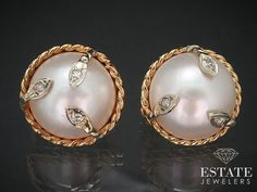 Cute large button gold earrings with lustrous mabe pearls set on them. Approximately .12ctw of diamond accents set on the face. SI-I1 clarity with HI color. 18mm wide settings. stamped 14k Mabe Pearl, Pearl Set, Large Buttons, Pearl Diamond, Jewelry Earrings Studs, Vintage Watches, Antique Jewelry, Vintage Antiques, The Face