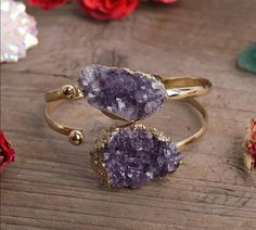 Amethyst Druzy Gold Bracelet For Sale | Green Witch Creations Geode Ring, Crystal Cuff Bracelet, Purple Quartz, Amethyst Gold, Amethyst Geode, Gold Cuffs, T B, Amethyst Bracelet, Amethyst Quartz