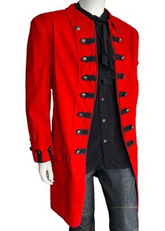 This red velvet 1775 British Army-inspired jacket is a classic Couture piece featuring distinctive contrast details reminiscent of the coats of the British Army. The modern design is expertly tailored and embellished with fleur de lis embossed metal buttons to give a timeless look. Elevate your outfit with this rockstar-style jacket.     Self: Cotton, Lining: Polyester     3/4 Length     Dry Clean Only     Made in USA Red Fitted Blazer For Costume Party, Red Long Sleeve Outerwear For Costume Party, Gothic Red Outerwear For Halloween, Red Outerwear For Costume Events In Fall, Red Costume Outerwear For Fall, Red Outerwear For Fall Costume Events, Red Outerwear For Fall Costume, Gothic Red Outerwear For Cosplay, Vintage Red Outerwear For Costume Party