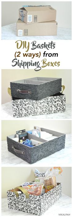 three different boxes with the words diy baskets 2 ways from shipping boxes