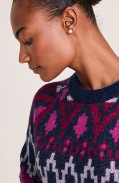 Roomy raglan sleeves frame a crewneck sweater knit in a vivid Fair Isle intarsia design from a blend enriched with baby alpaca and extrafine merino wool. 24 1/2" length (size Small) Crewneck Long sleeves Ribbed cuffs and hem 44% alpaca, 37% polyamide, 19% wool Dry clean Imported Vineyard Vines Long Sleeve, Fair Isle Sweater, Baby Alpaca, Alpaca Wool, Sweater Knit, Crewneck Sweater, Vineyard Vines, Fair Isle, Raglan Sleeve