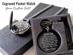 "This engraved pocket watch makes a perfect gift for a son from dad. Made with superior materials and craftsmanship, the watch features a black chain measuring about 14 inches, along with a clip at the end that allows you to easily attach it to a pocket or belt loop. It includes a built-in battery. Just pull out the knob to set the time, press in and turn clockwise until it stops, then repeat in a counterclockwise motion until you reach your desired time setting. If you want to reset the time after winding, just push and turn the knob counterclockwise until it stops, and repeat. Additional Features: *  Finely crafted watch with high-quality laser engraving *  Watch measures 1.75 inches (approx. 4.5 cm) in diameter *  Chain measures 16\" (approx. 40 cm) *  Chain has a clip for fastening to Black Round Watch Accessories For Gift, Black Round Watch Accessories As A Gift, Black Stainless Steel Watch Accessories For Gift, Black Stainless Steel Watch Accessories As Gift, Customizable Black Watch As A Gift, Customizable Black Watches For Gifts, Customizable Black Watches As Gift, Customizable Black Watch As Gift, Durable Silver Watch Accessories For Gift