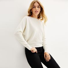 Easily add style to your wardrobe with this women's Nine West dolman sweater.Click on this WOMEN'S GUIDE to find the perfect fit and more! FEATURES No closure - pullover styling Ribbed cuffs Dolman sleeves Long sleeves BoatneckFIT & SIZING Regular fit 21-in. length from shoulder to hemFABRIC & CARE 55% polyester 45% recycled polyester Machine wash ImportedRESPONSIBLE Contains recycled polyester Size: X Large. Color: Daisy Dew. Gender: female. Age Group: adult. Material: Acrylic. Chic Soft Knit Cropped Sweater, Winter Cropped Sweater In Relaxed Fit, Spring Sweatshirt With Batwing Sleeves, Chic Stretch Sweater With Batwing Sleeves, Chic Stretch Batwing Sleeve Sweater, Oversized Knit Cropped Sweater, Winter White Stretch Sweater, Winter White Tops For Layering, Chic Sweater With Batwing Sleeves Relaxed Fit