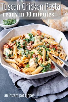 A creamy chicken and penne pasta recipe that is made right in your Instant Pot. The cream sauce has a nice garlic flavor that is mixed with tangy sun dried tomatoes, fresh spinach, basil and creamy parmesan cheese.