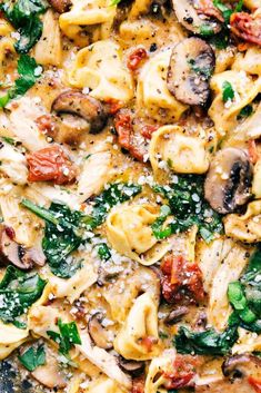 pasta with mushrooms, spinach and tomatoes in a pan